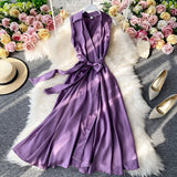 Summer Elegant Shirt Dress Summer Single Breasted Belt Short Sleeveless  A Line Casual Satin Dresses For Women