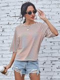 New Vintage Striped Women Shirt Casual O Neck Short Loose Blouse Crop Top