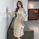 Women Casual Kintting Slim Autumn Winter Dresses V-neck Knee-Length Sweater Dress Office Lady Chic Vestidos