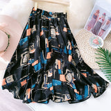 Summer Women Chiffon Vintage High Waist Graffiti Print A-line Skirts