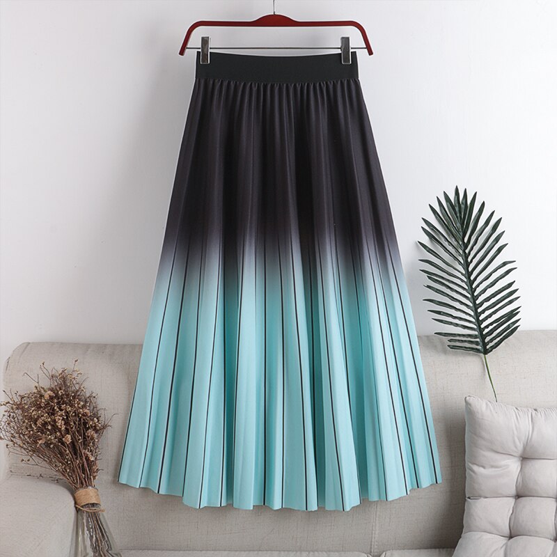 New Women A-Line Stretch High Waist Striped Long Spring Pleated Skirt