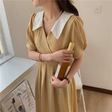 Summer Women French Elegant Turn Down Collar Puff Sleeve Dress Casual Patchwork Vestidos