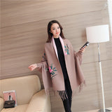 Winter Knitted Women Poncho Tassel Floral Embroidery Cardigans Batwing Sleeves Sweater Loose Shawl