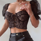 Sexy Black Lace Up Crop Tops Ladies Bustier Hollow Out Chic Short Sleeve Shirts