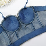 Autumn Lingerie Sexy Denim Rhinestone Women Cropped Top Corset Crop Tank Top Push Up Bustier Camis Built in Bra