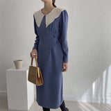 Female Elegant Office Lady Peter Pan Collar Dresses Autumn Women Long Sleeve Sheath Straight Vestidos