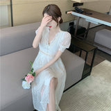 Women Summer Lace Vintage Dresses Chic Short Puff Sleeve Elegant V-Neck Slim Party Midi Spilted Dress