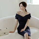 Elegant Summer Women Office Lady Sexy Off Shoulder Buttons Bodycon Work Formal Dress Slim Waist Vestidos