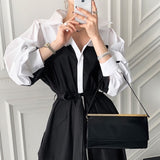 Women Spring Summer Black White Patchwork Shirts Dress Long Sleeve A-line Lace-up Dresses Vestidos