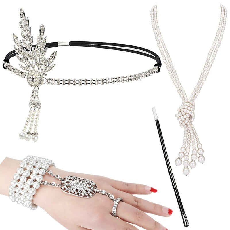4pcs/set 1920s Flapper Accessories Set Rhinestone Headpiece Pearl Knot Necklace Bracelet with Cigarette Holder