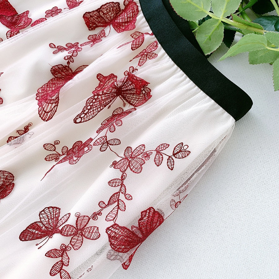 Women Mesh High Waist A-Line Tutu Butterfly Embroidered Sweet Skirts Girl Streetwear