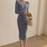 Chic Knitted Dress Women Long Sleeve Sweater Midi Party Dress Female Office Lady Autumn 2021 Slim Solid Bodycon Vestdios