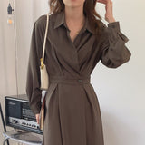 Turn-Down Collar Office Wrap Shirt Dress Autumn Long Sleeve Button Up Vintage Elegant Midi Dress