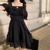 Summer Kawaii Gothic Dress Women Vintage Fungus Sweet French Hepburn Dress Female Korean Casual Elegant Black Party Dress 2021