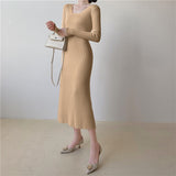 Women Square Collar Full Sleeve Sweater Midi Dress Autumn Winter Knitted Dress Casual A-Line Female Vestidos