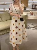 2021 Vintage Embroidery Sun Floral  Midi Dress Women Elegant  Puff Sleeve O Neck Clothes  New