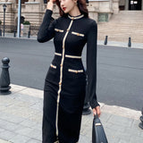 Fashion Autumn Vintage Female Stretch Midi Party Dress Ladies Elegant Streetwear Long Sleeve Bodycon Button Black Dress