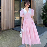 Korean Pink Kawaii Dress Women Fit Chic Designer Sweet Long Elegant Dress Summer 2021 Casual Puff Sleeve Party Pleated Dress