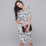 Summer Office Lady Wear Women Print Formal  Bodycon Short Slevess Dress