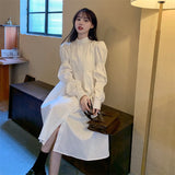 Women Puff Sleeve Casual Dress Autumn Single-Breasted Lace-Up White Shirt Dress Female A-line Vestidos