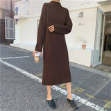 Women Casual Half High Collar Full Sleeve Straight Knitted Dress Autumn Winter Thick Warm Sweater Mid-Calf Vestidos