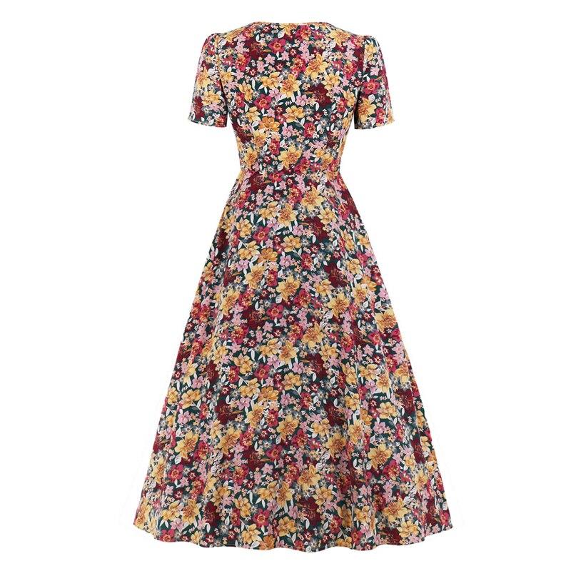 2021 Vintage Multicolor Floral Single Breasted Elegant Party Long Dresses For Women O-Neck Summer Spring A Line Vintage Dress
