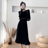 Women Spring Autumn 2021 O-Neck Knit Dress Female Ruffle Long Sleeve A-Line Midi Sweater Dress