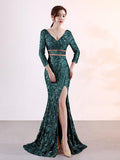 Sexy Backless V-Neck Long-Sleeve Evening Dress Split Floor-Length Formal Occastion Women Vestidoes Sequin Embroider Party Robes