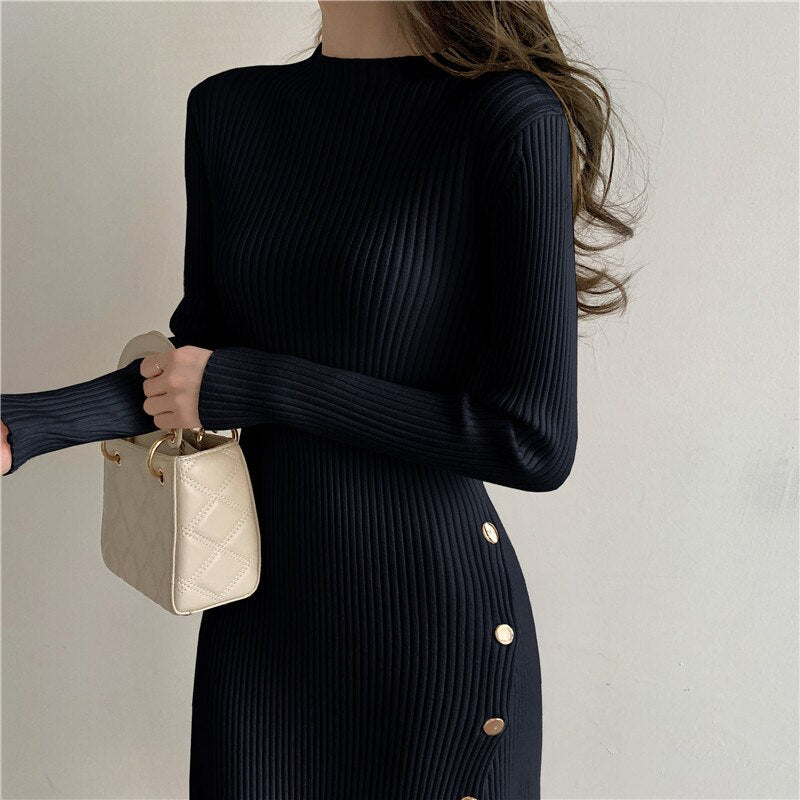 Mock Neck Long Sleeve Button Casual Knitted Knee Length Midi Dress Ribbed A Line Dress