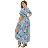 Plus Size Summer Women Beach Boho V Neck Short Sleeve Floral Print Slit Side Long Maxi Bohemian Dress
