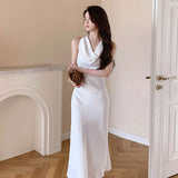 Summer 2021 Satin Dress Woman Sleeveless Spaghetti Strap Evening White Black Party Wedding Vintage Pure Long  Dresses