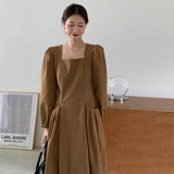 Elegant Square Collar Women Pleated Long Sleeve Dress Female Ankle-Length Dress Vestidos 2021