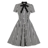 Black Striped Short Sleeve Cotton Bow Tie Button Up Robe Pin Up Swing Retro Vintage Dress