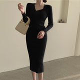 Chic Knitted Dress Women Long Sleeve Sweater Midi Party Dress Female Office Lady Autumn 2021 Slim Solid Bodycon Vestdios