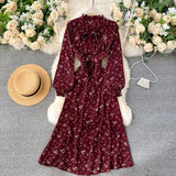 Women Casual Autumn Lady  Vintage Floral Printed Chiffon Shirt Dress Long Sleeve Bow Midi Spring Summer  Vestido