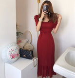 New 2021 Women Spring Summer Square Collar Dress Cotton Linen Elegant Lace Up Dresses