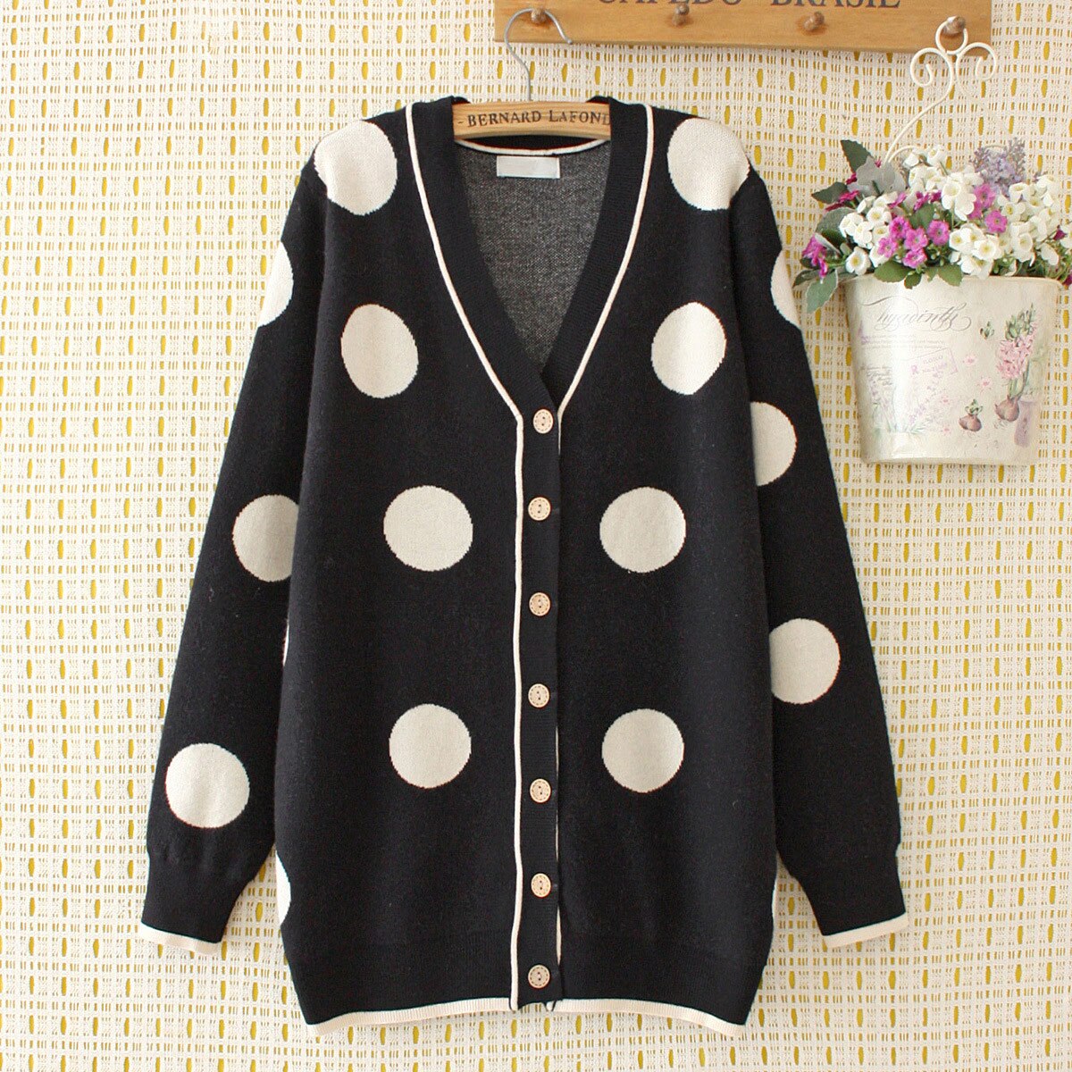 Autumn Women Casual Loose Knit Sweater Single-breasted V-Neck Dot Cardigans Tops Streetwear