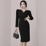 Elegant V-Neck Women Knee-Length Dress Double-Breasted Puff Sleeve High Waist Dress Female 2021 Spring