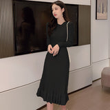 Women Autumn Winter Elegant Slim Midi Sweater Dresses Knitted Ruffle Dress Female A-line Casual Vestidos