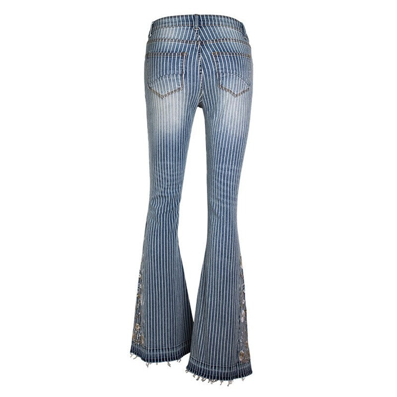 Skinny Striped Flare Denim Pants Women Floral Embroidered Vintage Zipper Fly Frayed Hem Slim Jeans