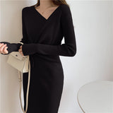 Women V-Neck Drawstring Knitted Midi Dress Korean Elegant Long Sleeve Autumn Winter Female Chic Sweater Dresses