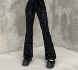 Women Floral Embossed Velvet Skinny Vintage Flare Pants High Waist Streetwear Spring Black Trousers