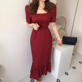 New 2021 Women Spring Summer Square Collar Dress Cotton Linen Elegant Lace Up Dresses