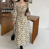 Women Vintage Floral Print Lace-Up Dress Square Collar Full Sleeve Female A-Line Dress Elegant Spring Vestidos