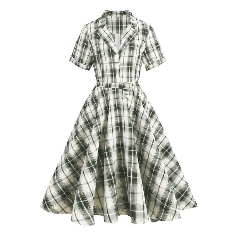 Green Plaid Rockabilly Vintage Notched Collar Buttons Elegant Belted A Line Retro Dress