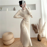 Autumn Winter Slim Kintted Dresses Women Long Sleeve A-line Korean Solid Knitted Thick Vestidos