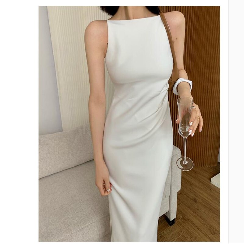 2021 New Women Summer Clothes Spaghetti Strap Sleeveless Sexy Elegant Black White Party High Slit Dress