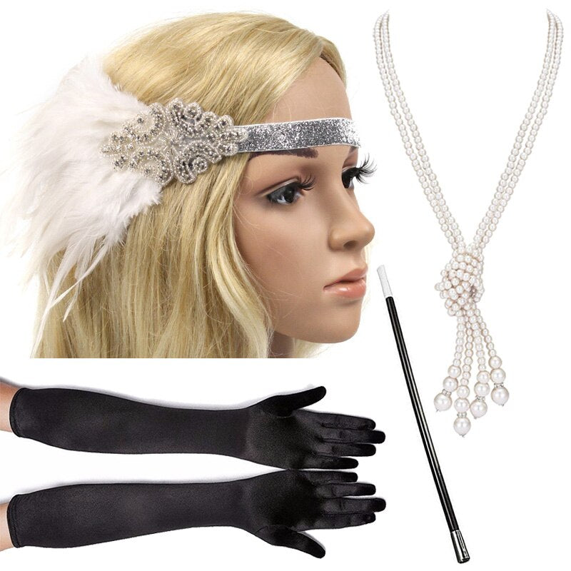 4 Pcs/Set 1920s Great Gatsby Party Costume Accessories Set Flapper Feather Headband Pearl Necklace Gloves Cigarette Holder