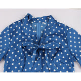 1950s Blue White Polka Dot Short Sleeve Bow Tie Neck Robe Pin Up Elegant Dresses