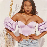 Satin Ruffle Sleeve Sweetheart Neckline Off Shoulder Crop Top Chic Underwired Cups Solid Women Street Wear